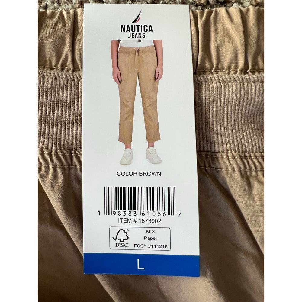 NWT Nautica Women's Cotton Roll-Tab Utility Pants, Large, Tan, Elastic Waist - Picture 9 of 13